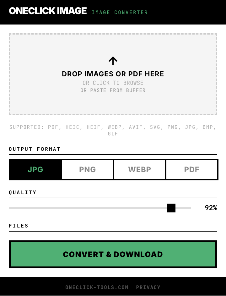OneClick Image — drop zone and format selection